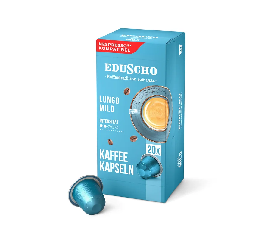 Hellblaue Packung Eduscho Lungo Mild Kaffeekapseln, Nespresso-kompatibel, mit Abbildung einer Kaffeetasse und einer blauen Kapsel davor. Die Packung enthält 20 Kapseln.