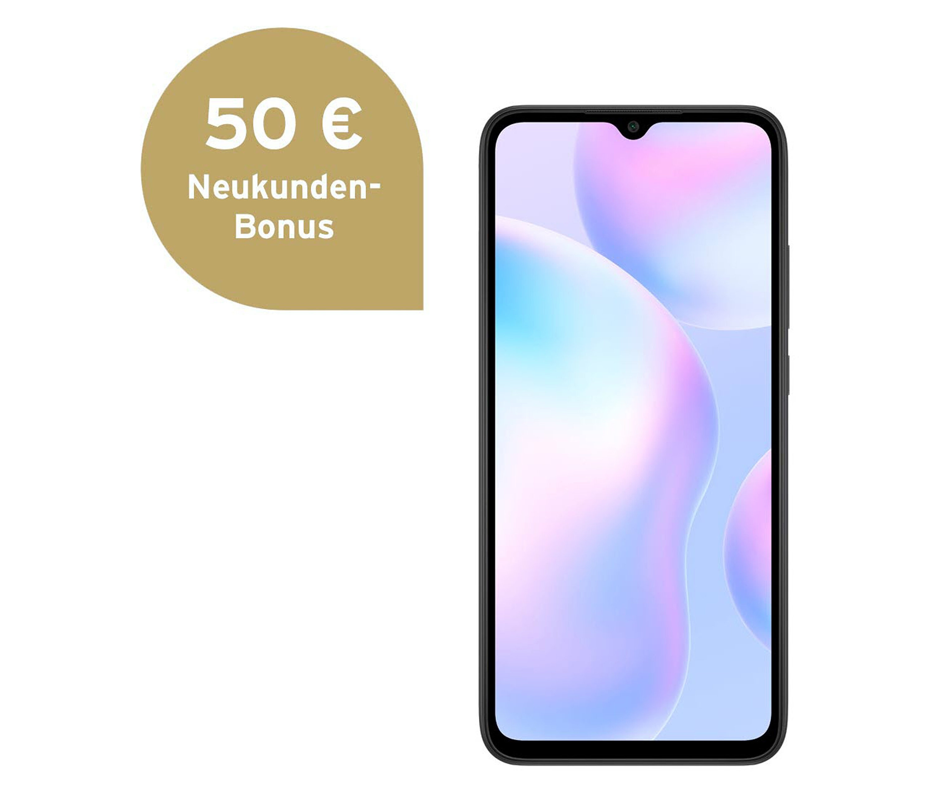 Eine Vorderansicht des Xiaomi Redmi 9A in Granitgrau.