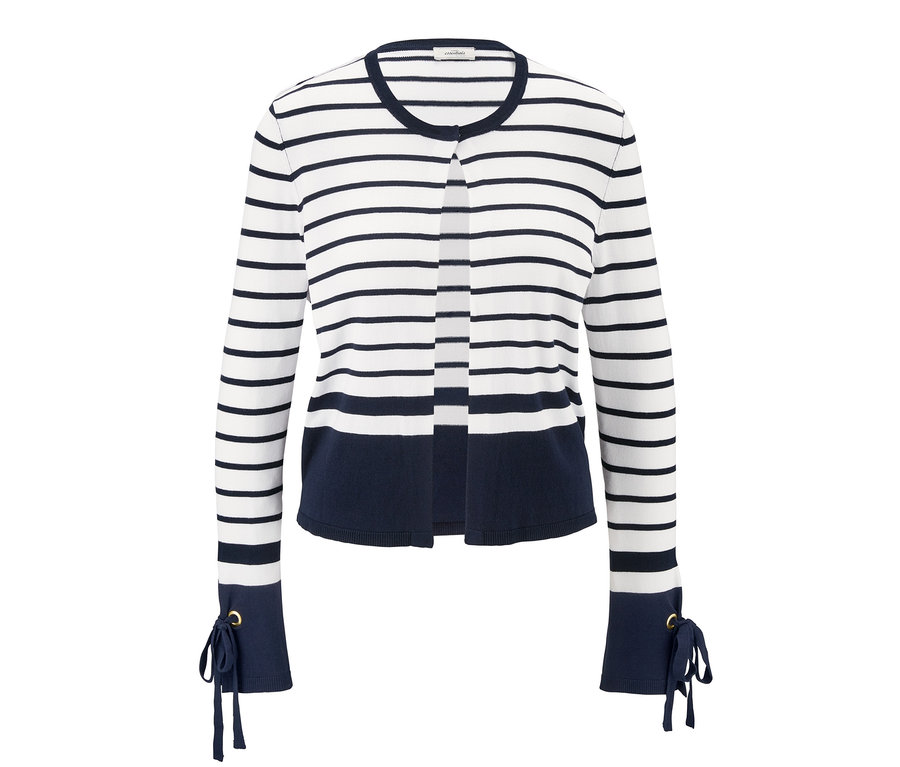 Feinstrickjacke mit Volantärmeln mit blau-weissen Streifen.