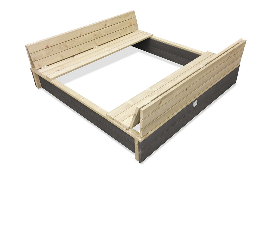 Leerer EXIT XL-Sandkasten »Aksent« mit Holzrahmen und integrierten Sitzen.