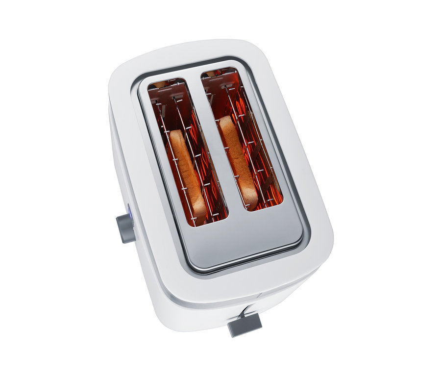 Detailansicht eines weißen Steba Toasters »TO 10 BIANCO« mit zwei Brotscheiben im Inneren.
