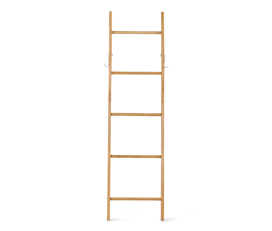 Eine Kleiderleiter aus Eichenholz mit fünf Sprossen und zwei Haken.
