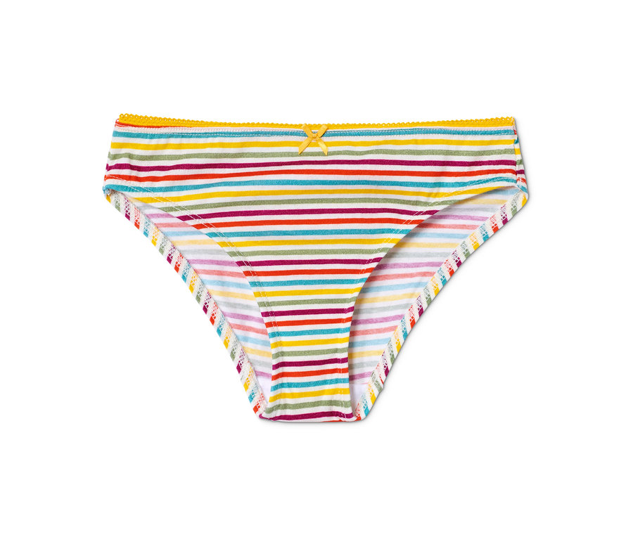 Ein gestreifter Slip mit bunten Streifen und einer Schleife.