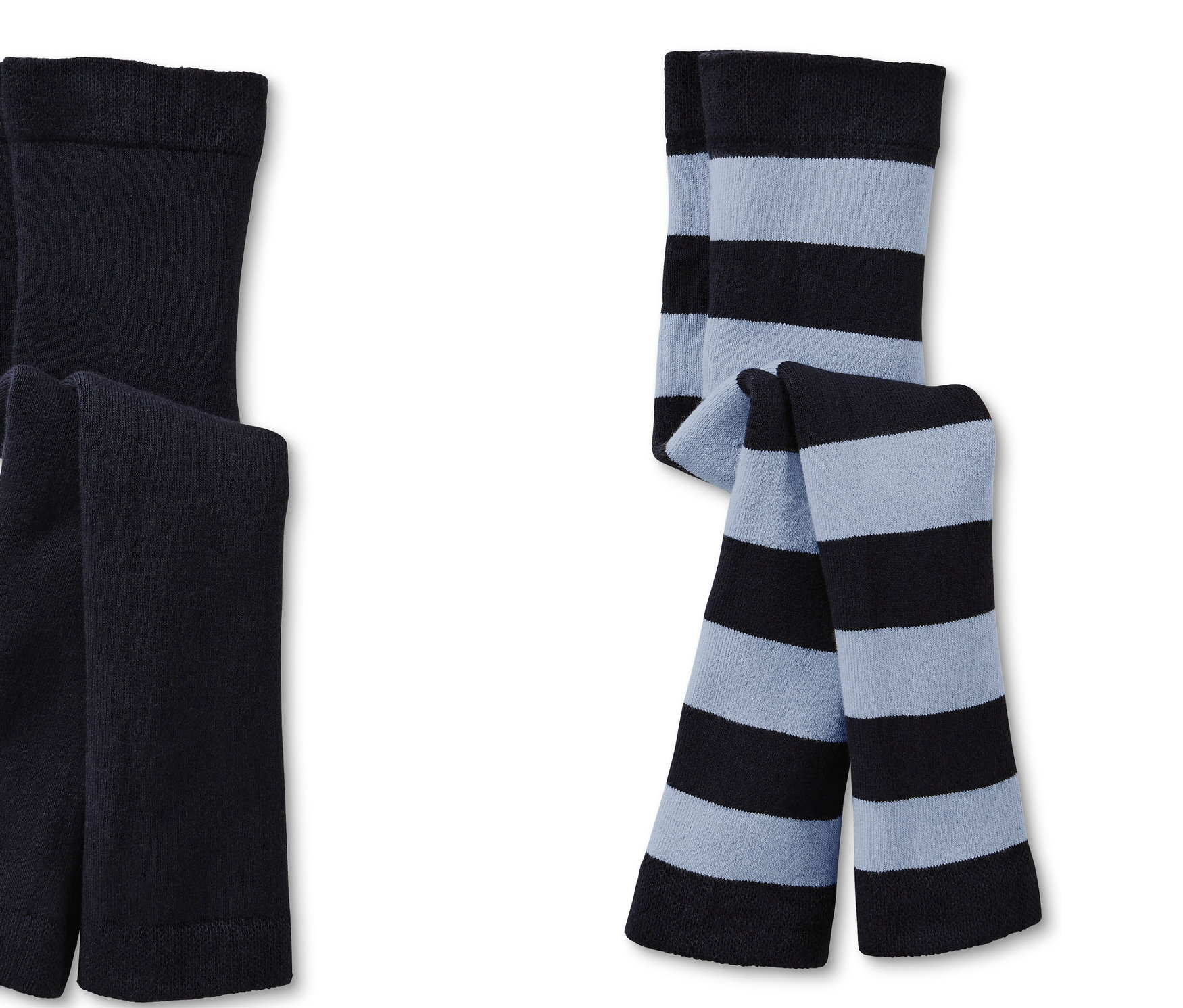 Zwei Thermoleggings: eine schwarz, eine schwarz mit blauen Streifen.