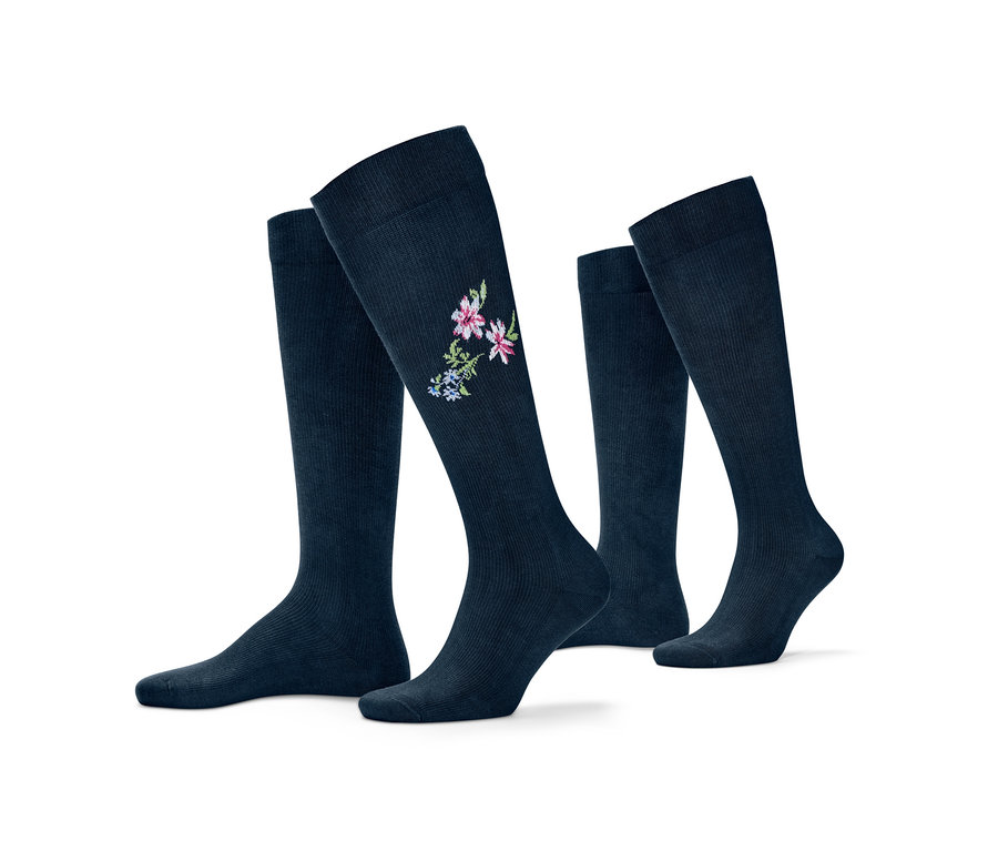 Zwei Paar marineblaue Stützkniestrümpfe, davon ein Paar mit Blumenstickerei.