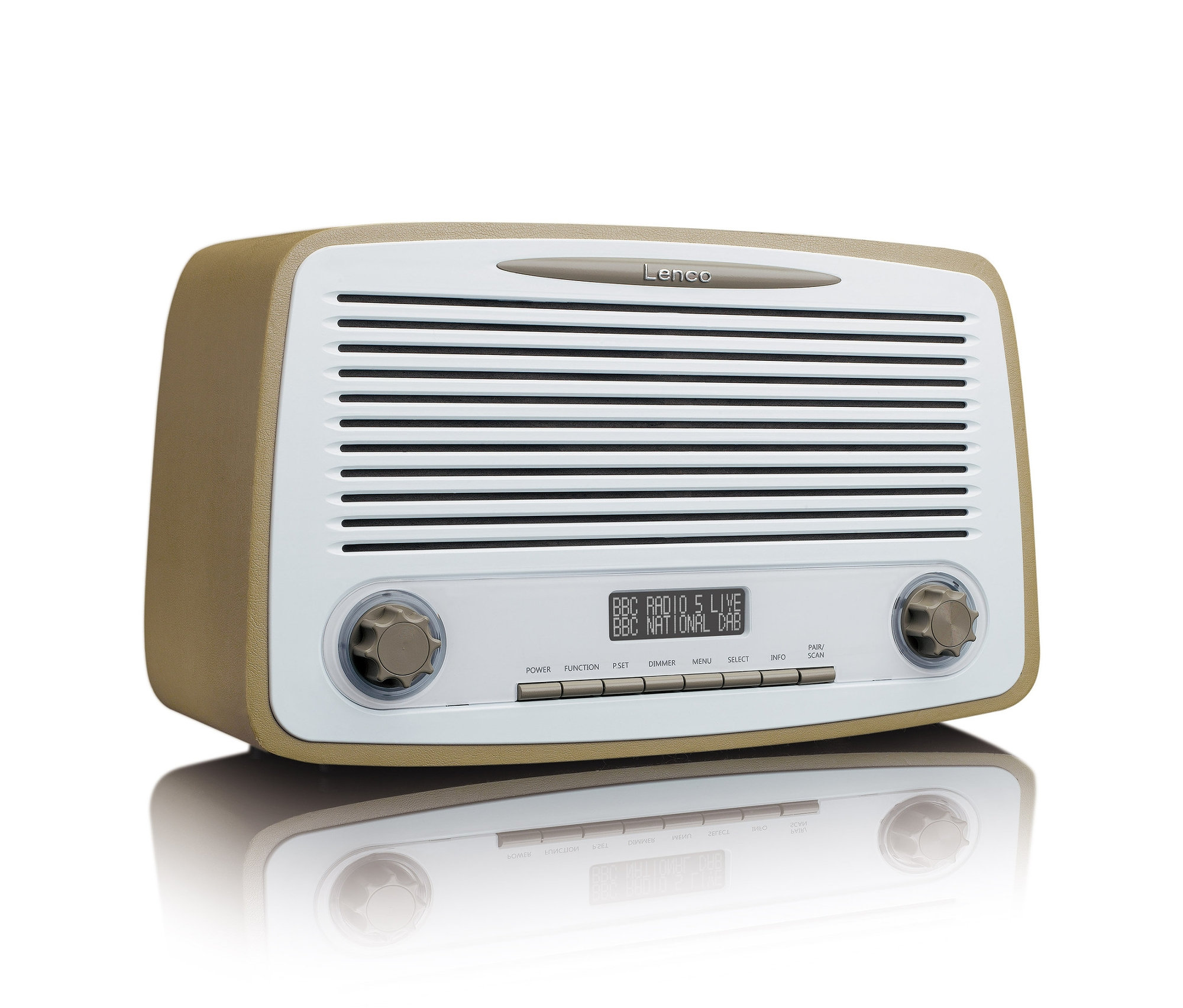 Ein beige-weißes Lenco DAB+/FM-Radio mit Bluetooth®.