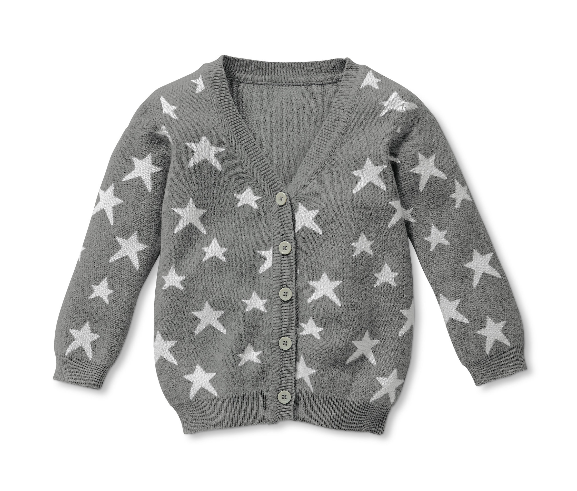 Graue Strickjacke mit weißen Sternen und Knöpfen.