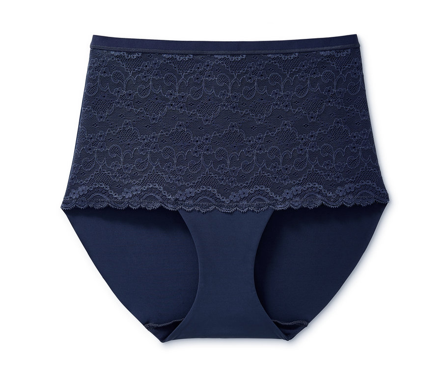 Eine dunkelblaue Bodyforming-Panty mit Spitze.