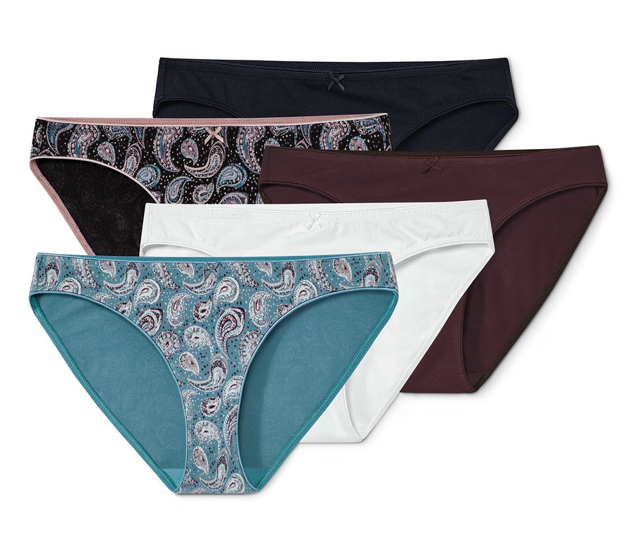 Fünf Slips in verschiedenen Farben und Mustern.