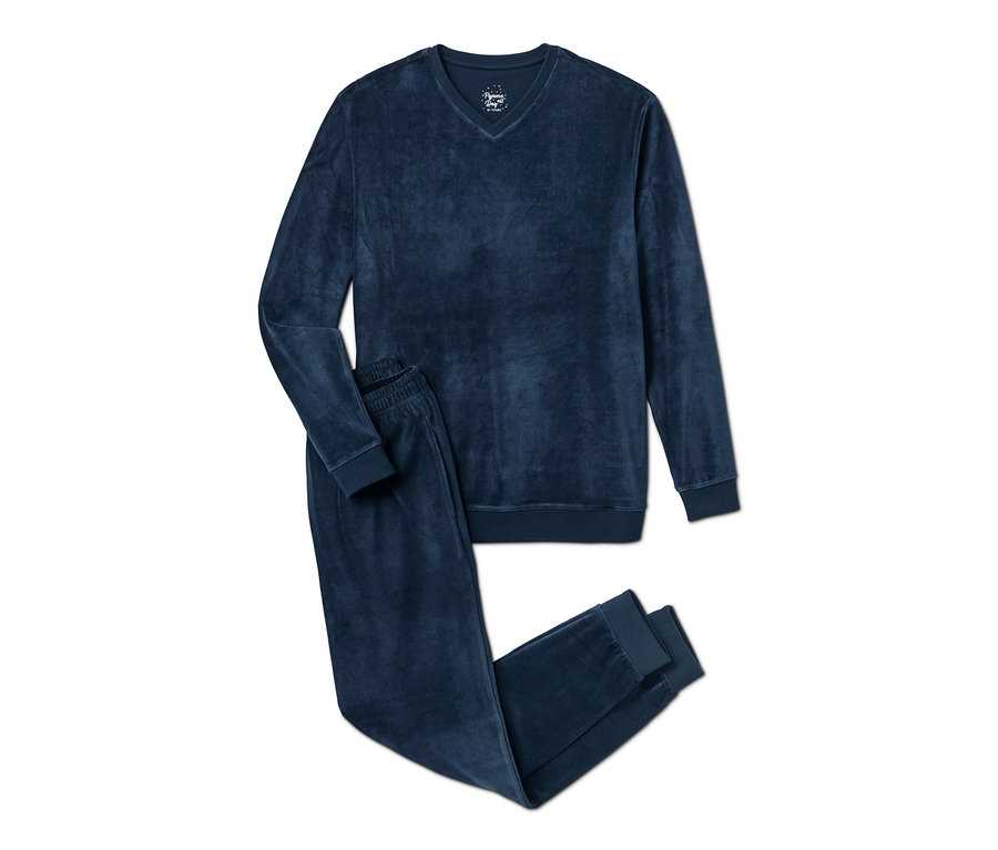 Blauer Nicki-Pyjama mit V-Ausschnitt-Oberteil und Hose.