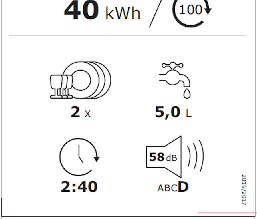 Energielabel des MEDION Mini-Geschirrspülers »MD37217« der Klasse G zeigt einen Verbrauch von 40 kWh/100 Zyklen.