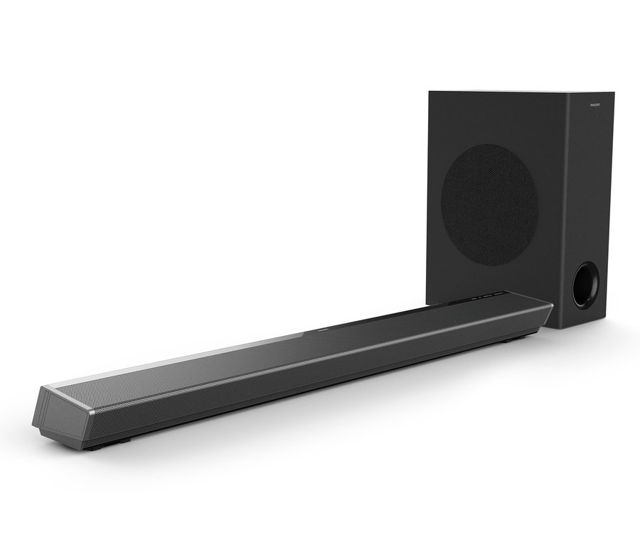 Ein schwarzer Philips Soundbar 3.1 mit kabellosem Subwoofer vor einem weißen Hintergrund.