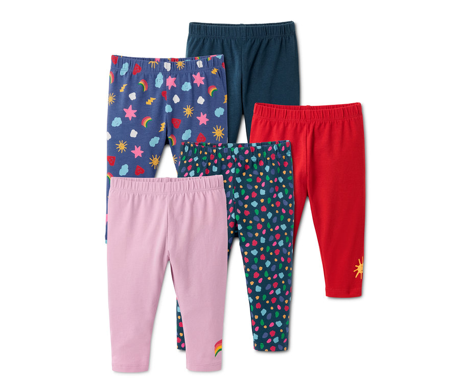 Fünf Jersey-Leggings aus Bio-Baumwolle in verschiedenen Farben und Mustern.