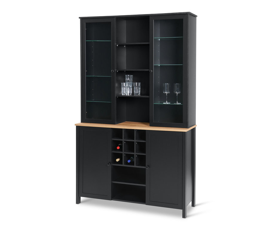 Ein schwarzer Schrank mit einer Holzplatte und Glastüren.