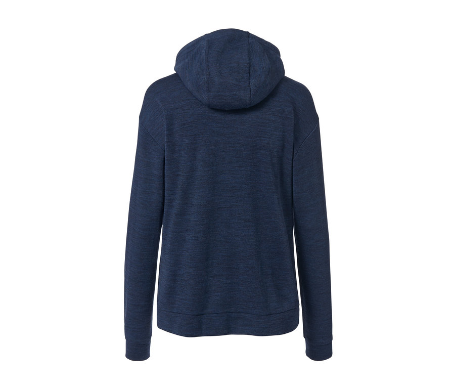 Rückansicht einer blauen Kapuzenjacke mit Merinowolle.