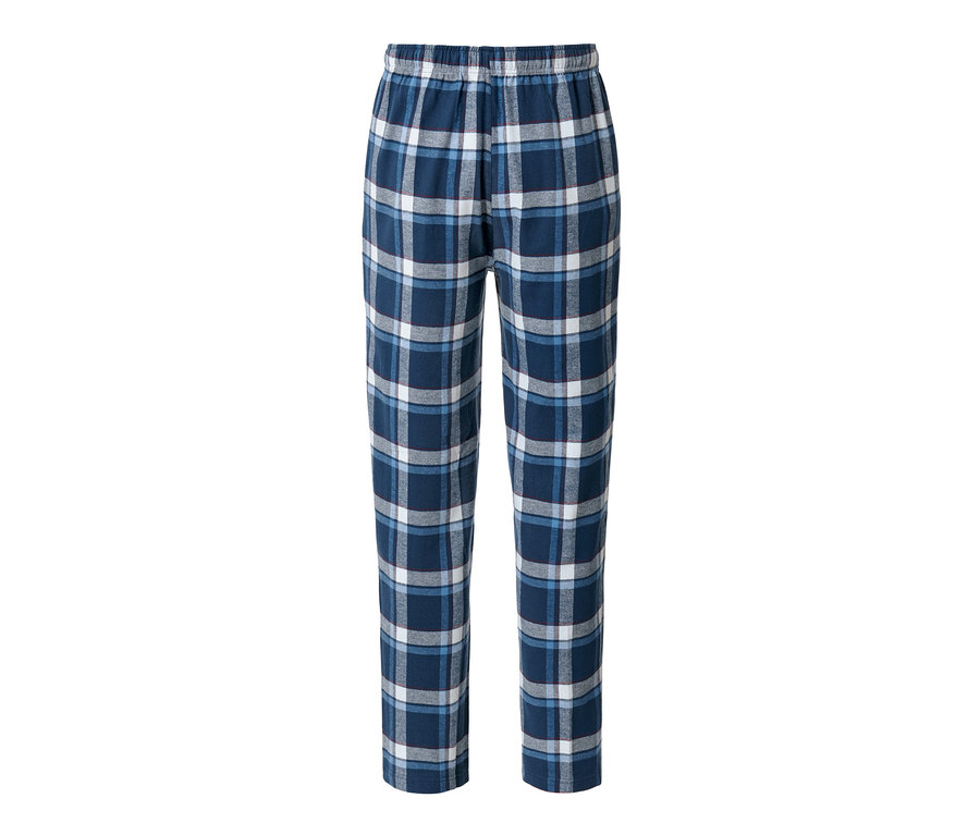 Detailaufnahme einer Flanell-Relaxhose mit blau-weißem Karomuster.