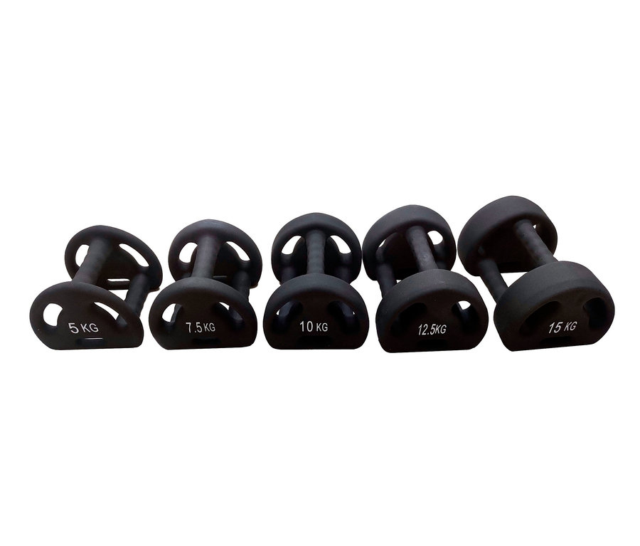 Schwarze Body Coach Multifunktions-Neoprenhanteln mit 5 kg, 7,5 kg, 10 kg, 12,5 kg und 15 kg.