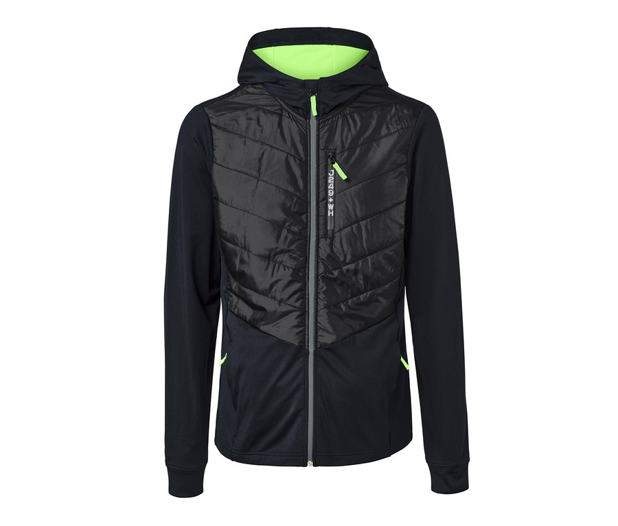 Schwarze Thermo-Funktionsjacke mit Reißverschluss und Kapuze.