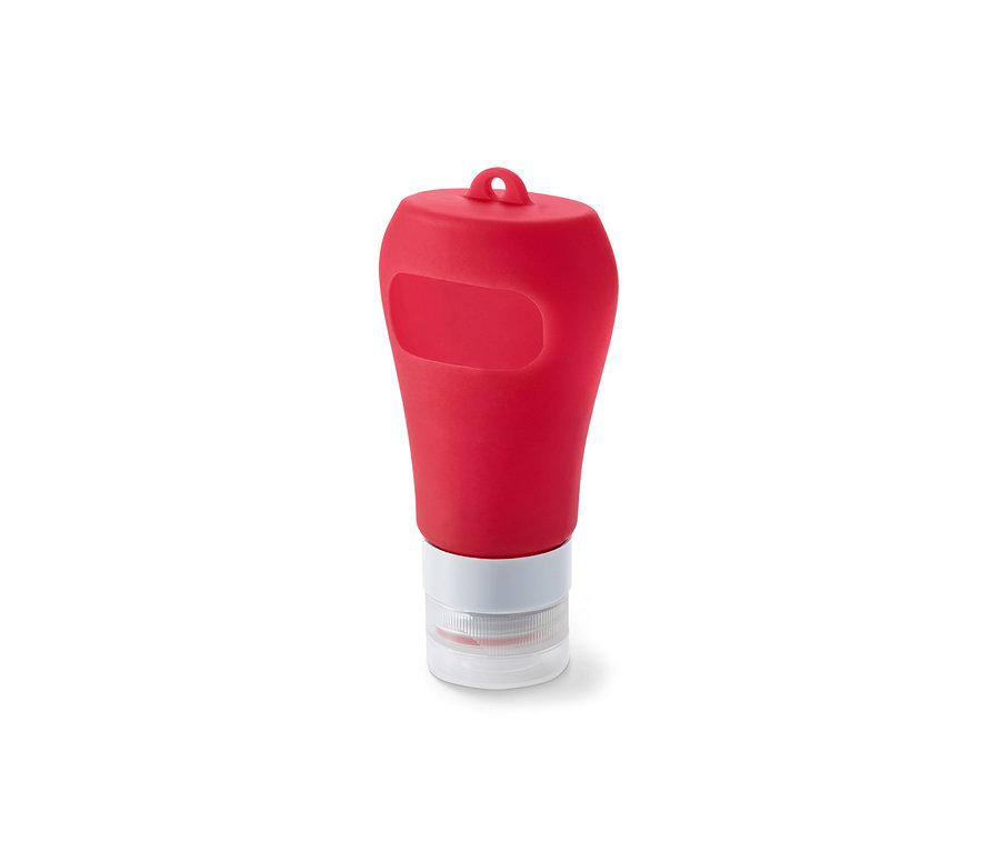 Roter Flüssigseifenspender.