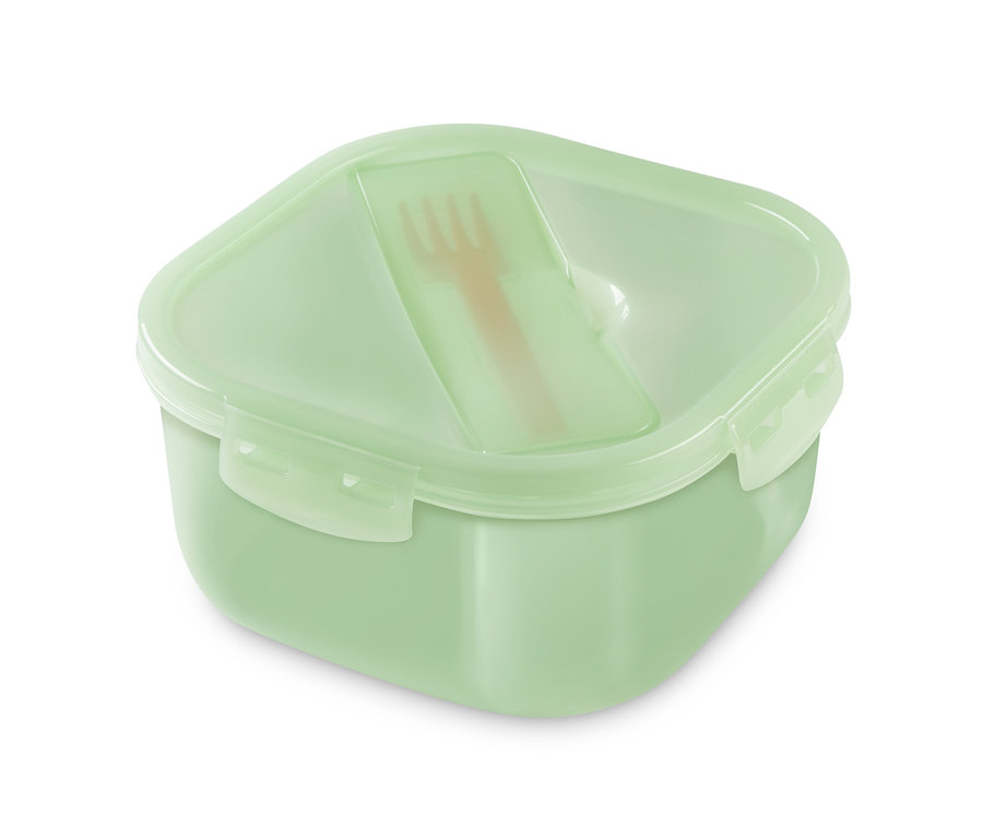 Eine grüne Lunchbox mit einer hellbraunen Gabel darin.