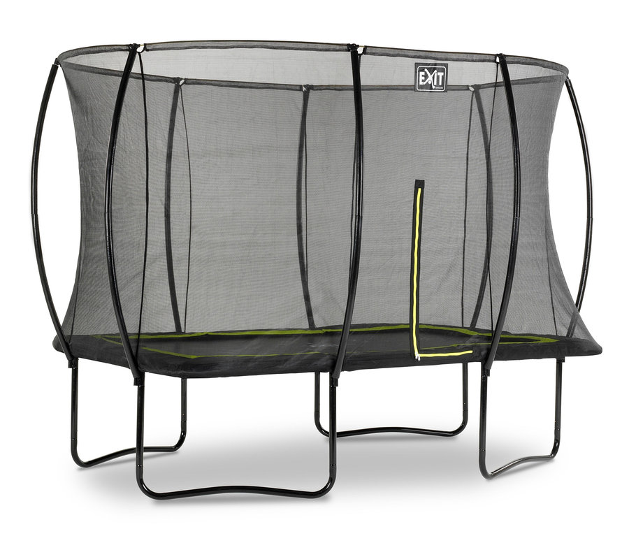 Schwarzes rechteckiges EXIT Trampolin »Silhouette« mit Sicherheitsnetz.