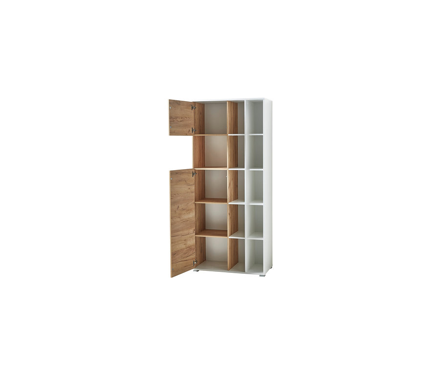 Offenes, großes Regal "Lioni" mit Regalböden aus weißem Holz und Holz mit Holzmuster.