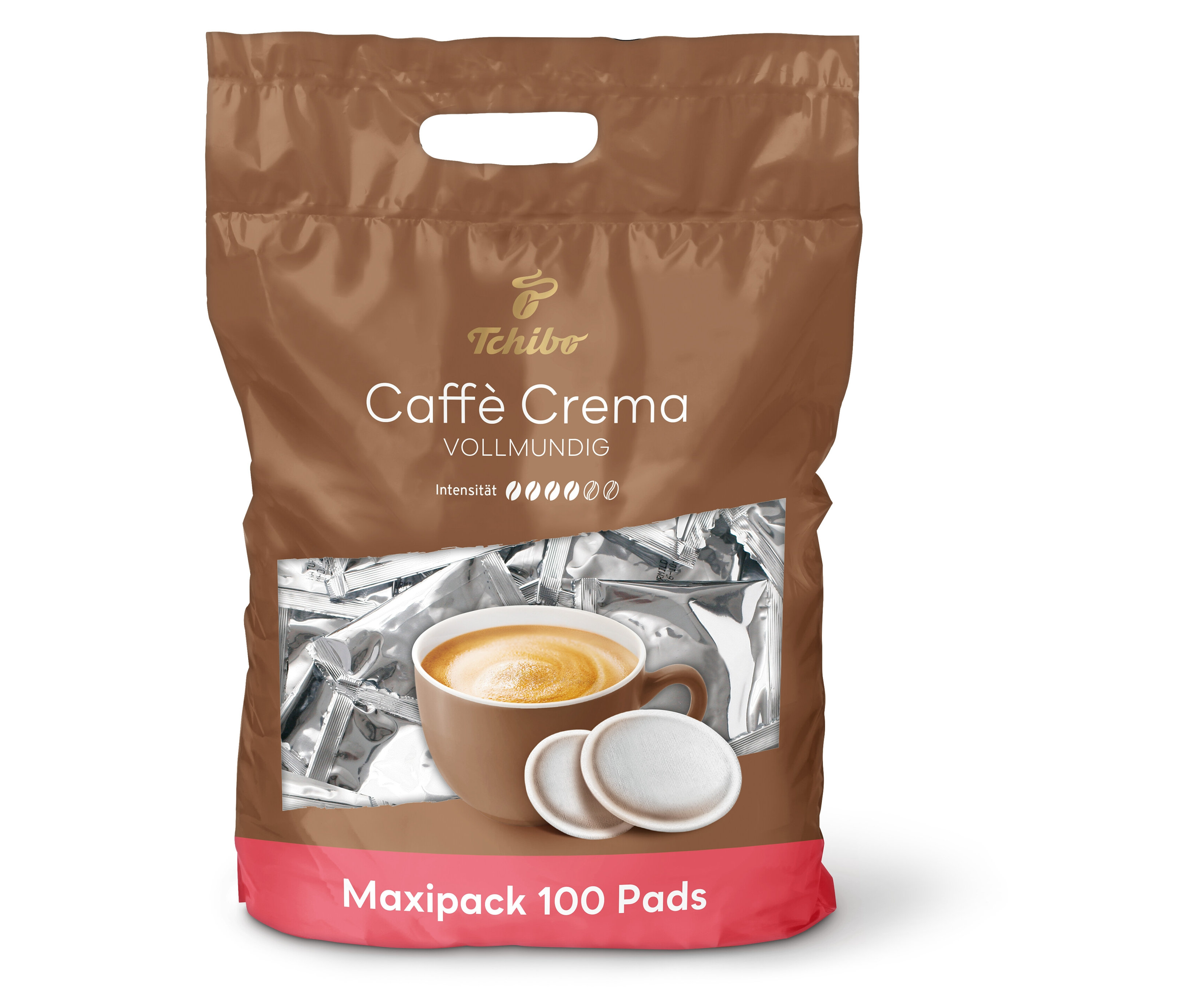 Eine Packung Caffè Crema Vollmundig Pads - 100 Pads. Auf der Packung ist eine Tasse Kaffee abgebildet.