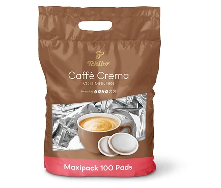 Eine Packung Caffè Crema Vollmundig Pads - 100 Pads. Auf der Packung ist eine Tasse Kaffee abgebildet.