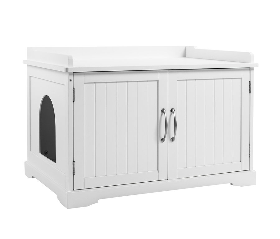 Weißer Katzenschrank XXL mit zwei Türen und einem Loch an der Seite.