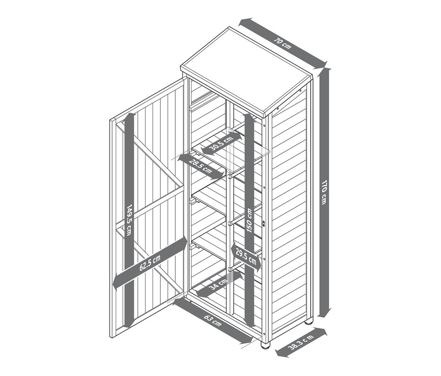Geöffneter großer Gartenschrank »JONTE« mit Regalen und Abmessungen.