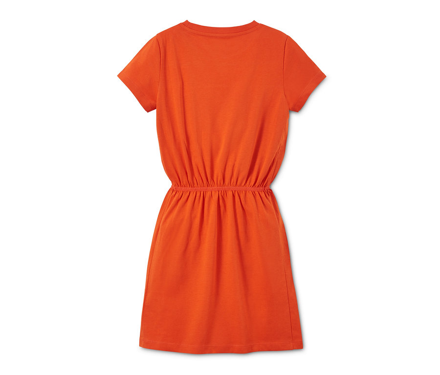 Detailansicht des grau-meliert-orangen Jerseykleids.