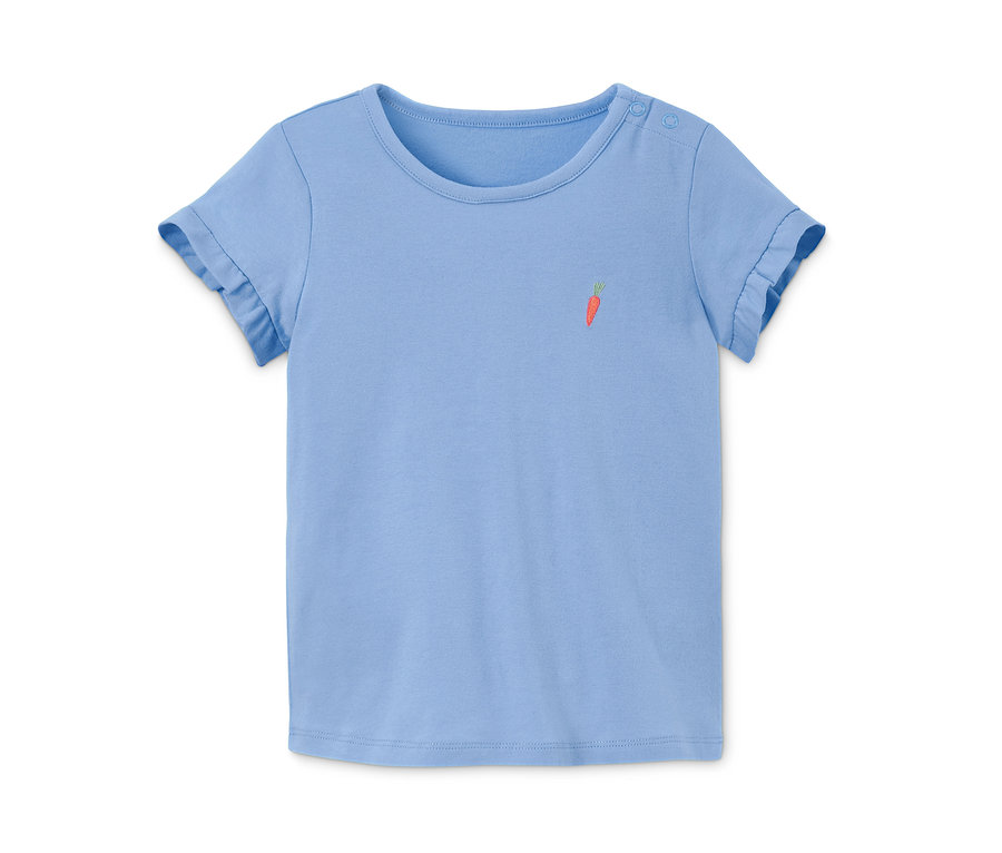 Ein hellblaues T-Shirt mit Karotten-Aufdruck.