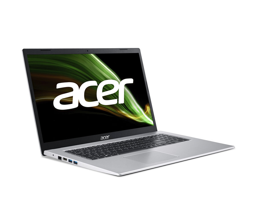 Silbernes Acer Aspire Notebook A317-53-3209 mit schwarzer Tastatur und Acer Logo auf dem Display.