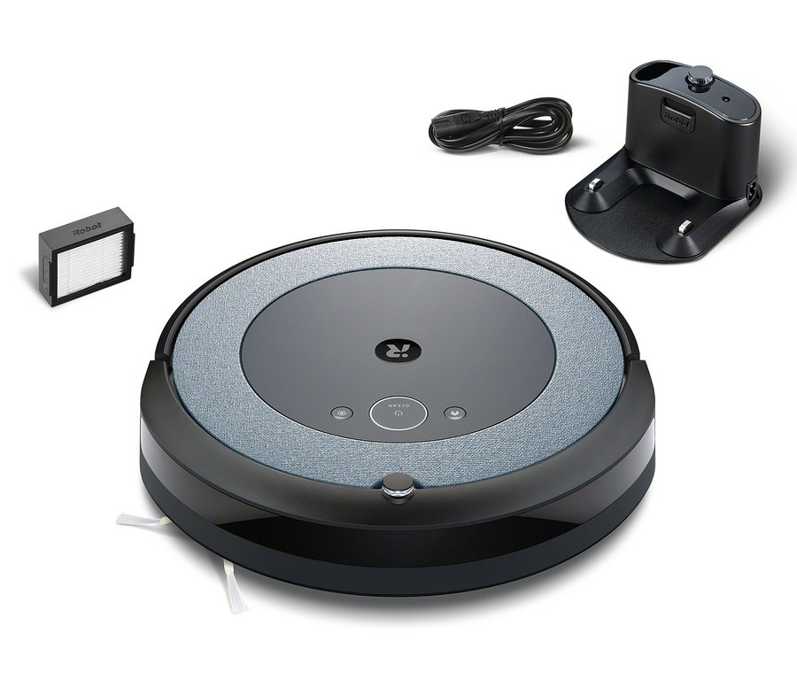 Schwarzer iRobot Saugroboter Roomba i3 (i3156) mit Ladestation und Filter.