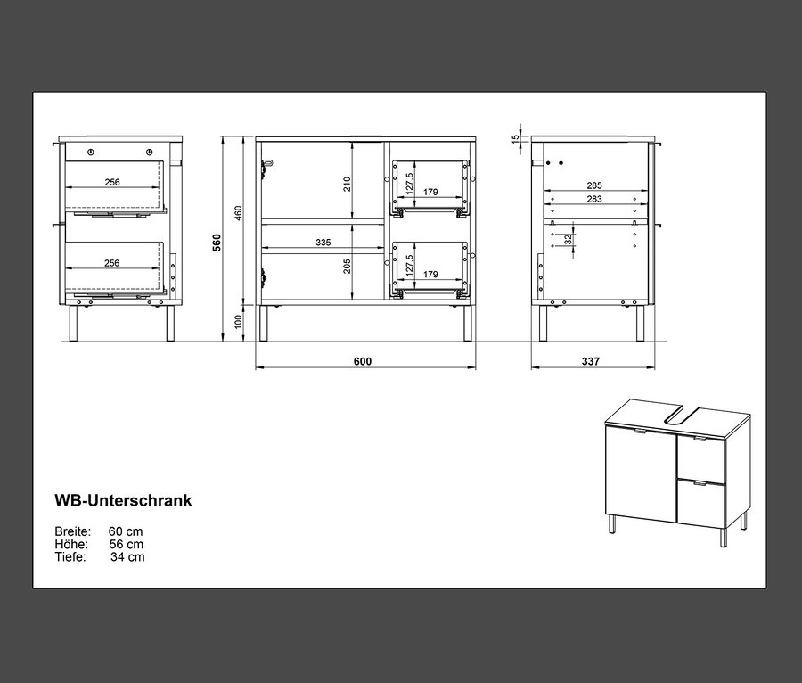 Technische Zeichnung eines Waschbecken-Unterschranks »Mauresa« mit Maßangaben.