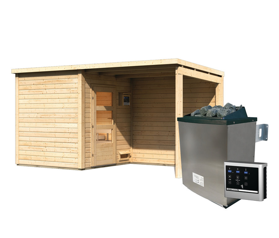 Ein Karibu Saunahaus-Set »Rahlau A«, inklusive 9 kW-Ofen mit externer Steuerung.