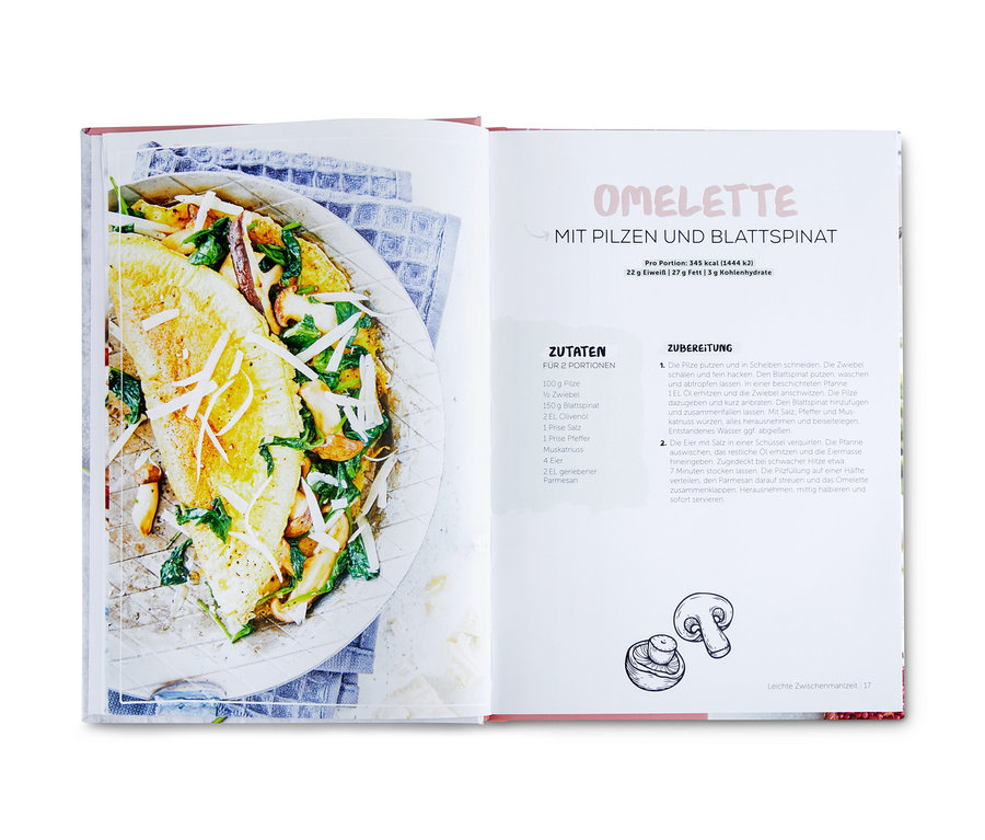 Aufgeschlagenes Kochbuch zeigt ein Omelett mit Pilzen und Spinat. Das fertige Gericht ist auf einem Teller angerichtet, neben dem Buch liegt das »Besser leben«.