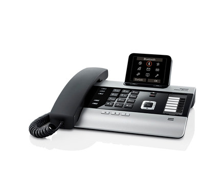 Ein schnurgebundenes, schwarz-silbernes Tischtelefon »GIGASET »DX800A all in one«« mit Display.
