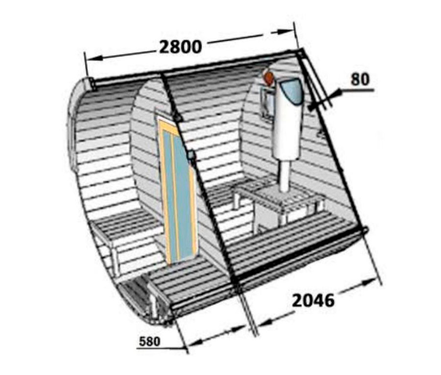 Schema der Syngarden Fass-Sauna Komplett-Set »Linda«, Naturholz mit Abmessungen.
