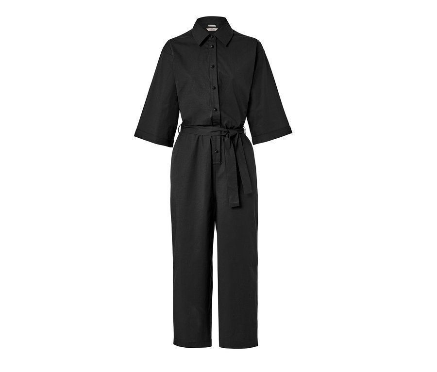 Schwarzer Popeline-Overall mit Knöpfen und Gürtel.