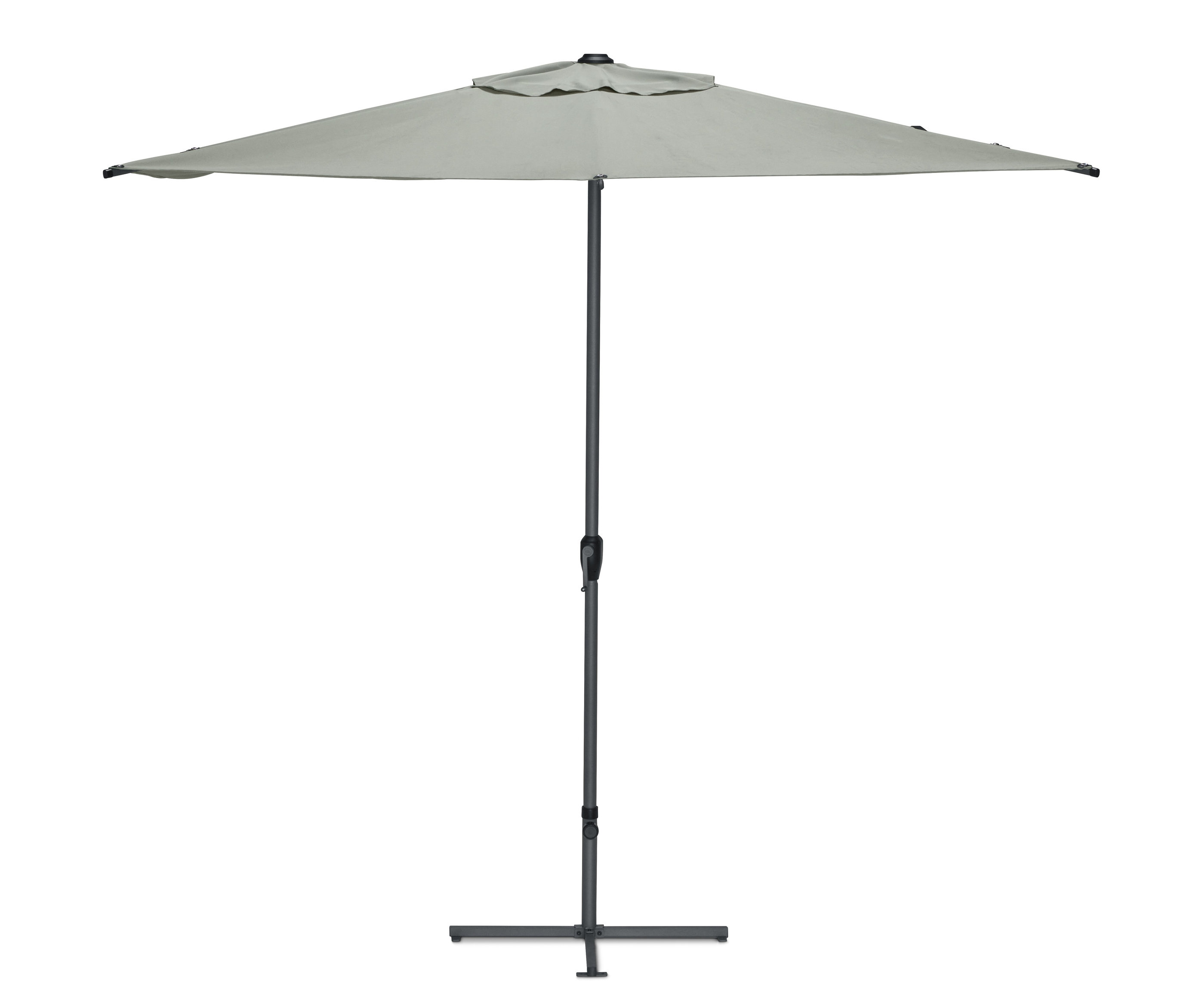 Ein grauer halber Sonnenschirm mit Mittelstange und Kreuzfuß.