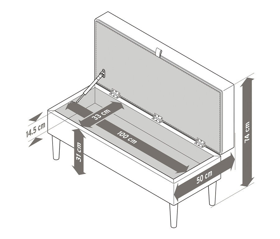 Zeichnung einer Polsterbank mit Truhenfunktion und Abmessungen.