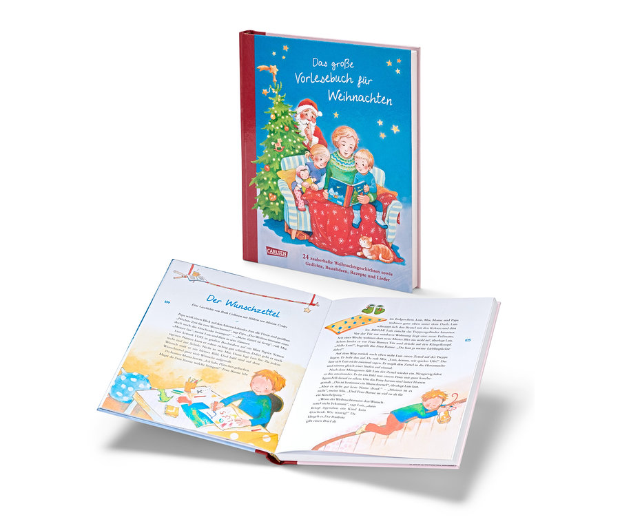 Zwei Bücher: Ein geschlossenes Buch mit einer Familie, die am Weihnachtsbaum liest, Titel: "Das große Vorlesebuch für Weihnachten". Ein offenes Buch mit Illustrationen.
