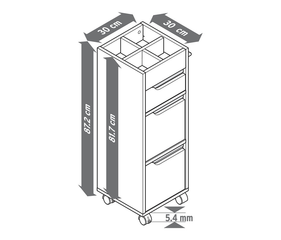 Abbildung eines Bad-Beistellwagens mit Maßangaben.