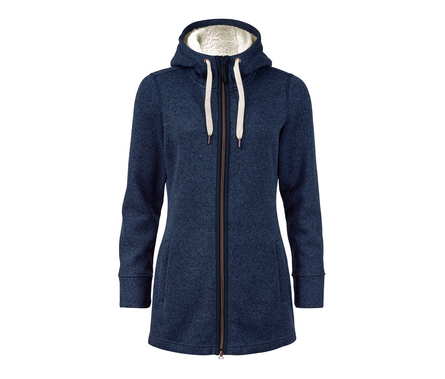 Blauer Strickfleece-Mantel mit Reißverschluss und Kapuze mit weißem Futter.
