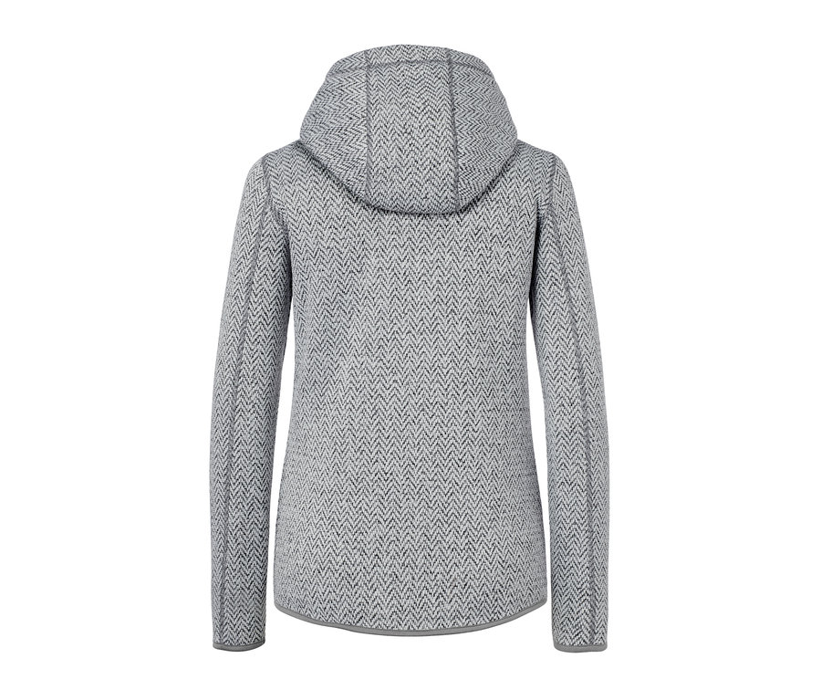Detailansicht der grauen Teddy-Strickfleecejacke von hinten mit Kapuze.