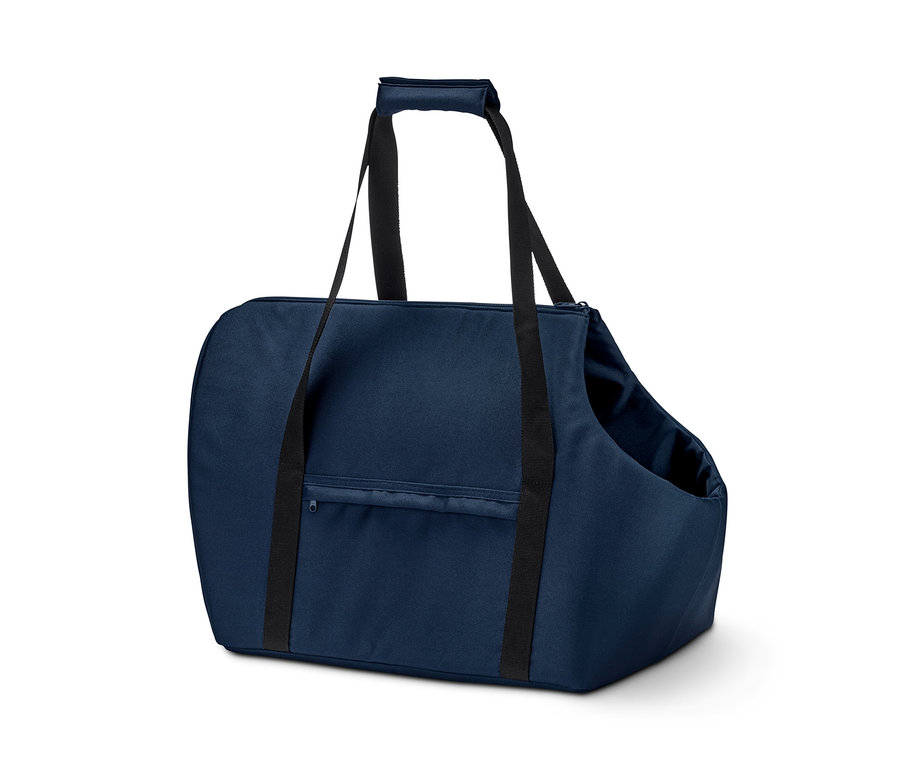 Eine marineblaue Tier-Tragetasche mit zwei schwarzen Griffen.