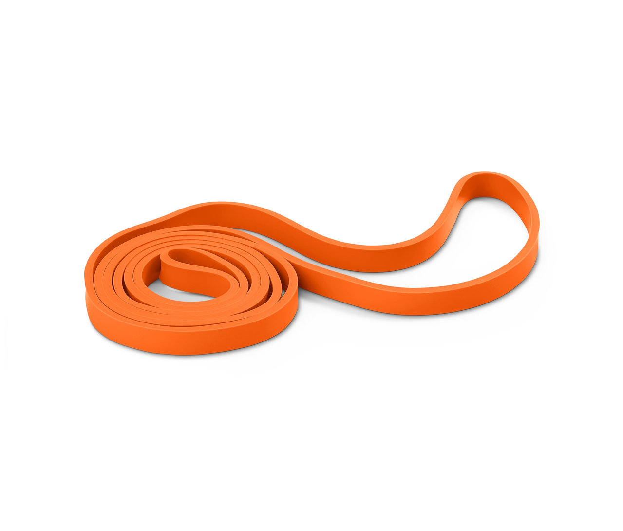 Ein orangefarbenes Trainingsband ist auf einem weißen Hintergrund aufgerollt.