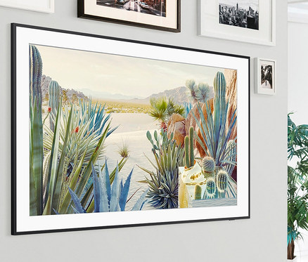 Ein schwarzer Samsung 4K UHD Smart-TV »The Frame GQ-LS03AAUXZG« hängt an der Wand und zeigt eine Wüstenlandschaft mit Kakteen.
