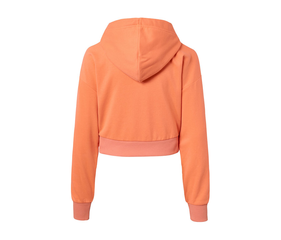 Rückansicht einer kurzen orangefarbenen Sport-Sweatjacke.